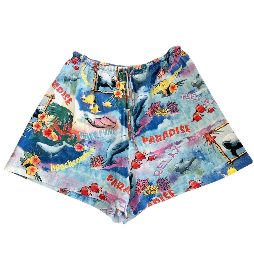 Vintage Toast and Jammies Tropical Dolphin Print Lounge Shorts Blue Retro LARGE